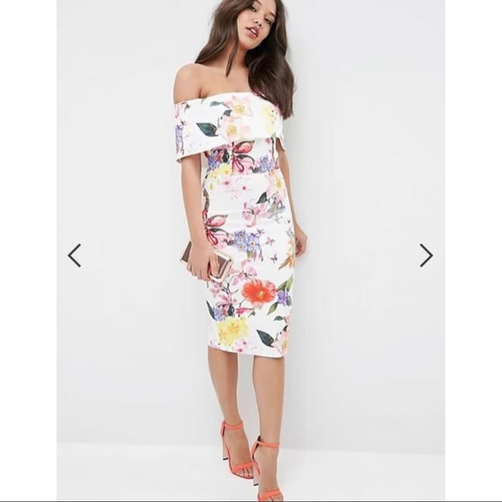 ASOS Deep Fold Bardot Off The Shoulder Midi Pencil In Bright Tropical Floral